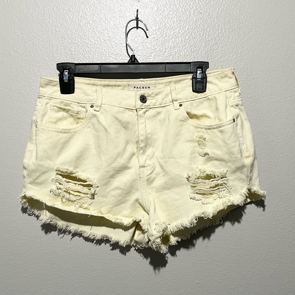 PACSUN- High Rise Festival Shorts Light Yellow Distressed Size 28